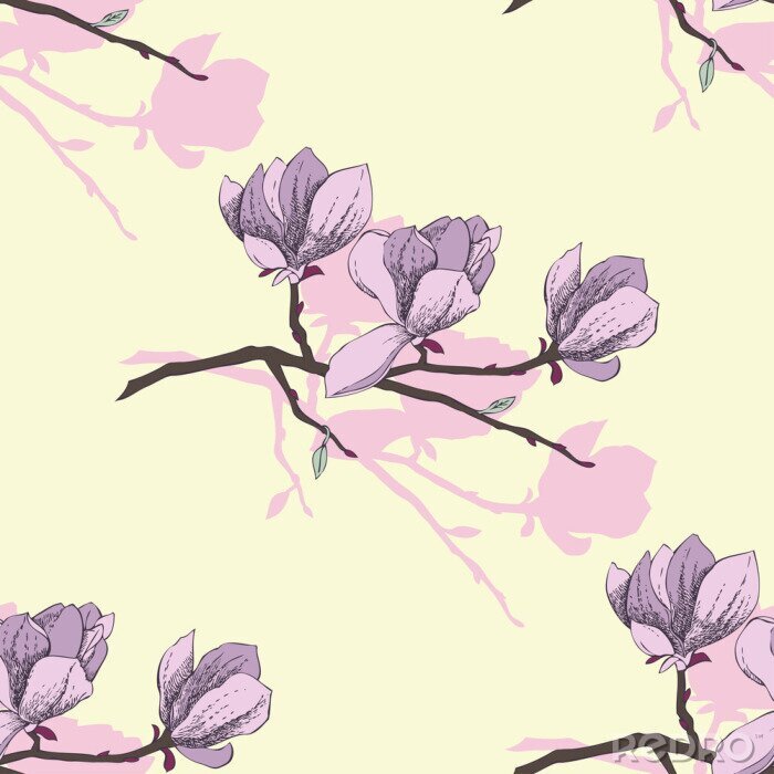 Fototapete Violette Magnolien auf einem grafischen Thema