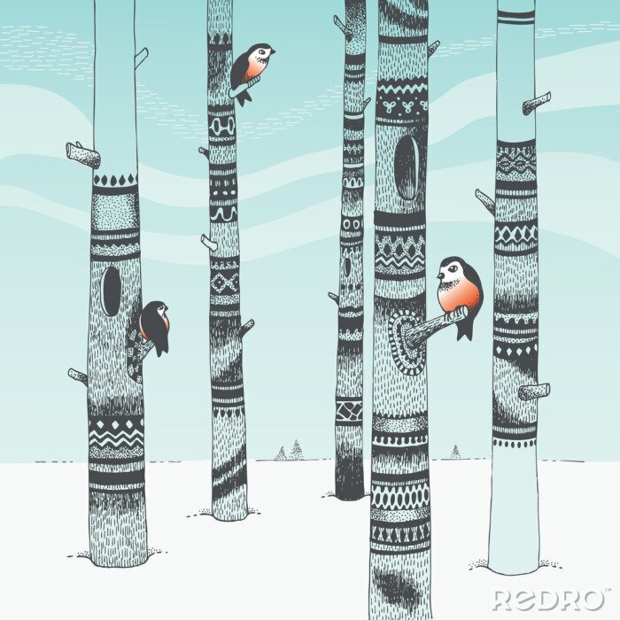 Fototapete Vögel auf einem Baum im skandinavischen Stil
