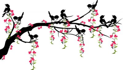 Fototapete Vögel auf Zweig mit Blüten im Frühling