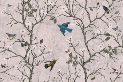 Fototapete Vögel fliegen inmitten von Bäumen im Retro-Stil