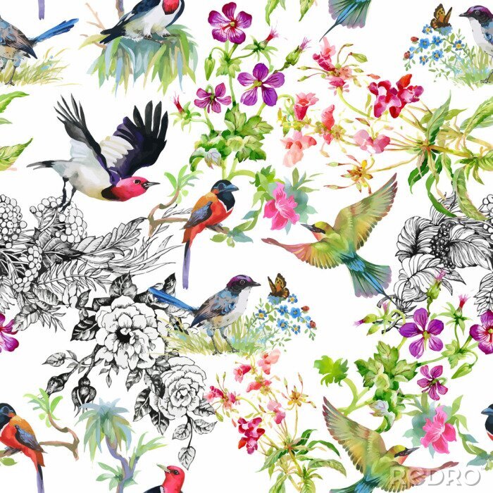 Fototapete Vögel und Blumen in verschiedenen Farbtönen