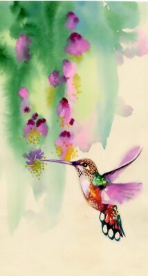 Fototapete Vogel bei den Blumen in Aquarell