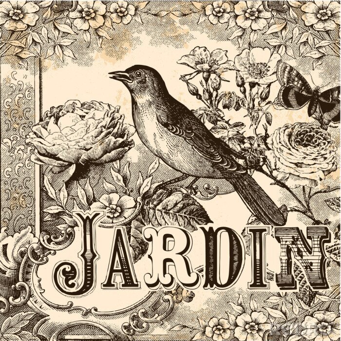 Fototapete Vogel und Blumen auf Vintage-Illustration