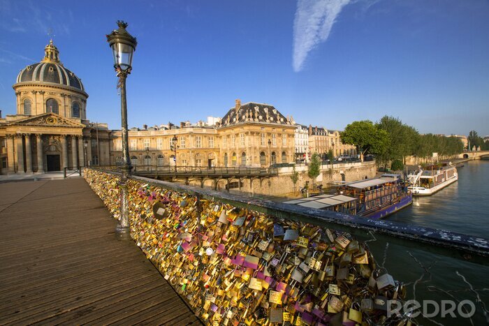 Fototapete Vorhängeschlösser auf der Brücke und Gebäude von Paris