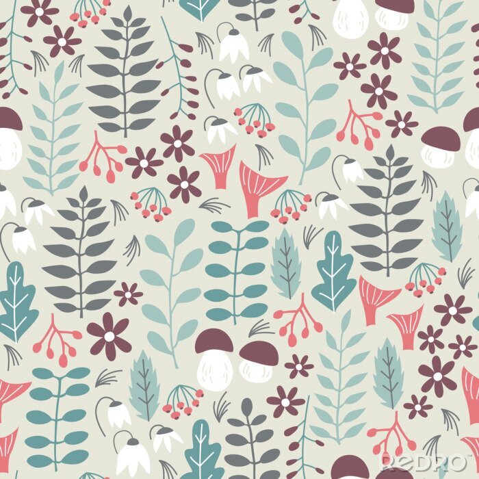 Fototapete Wald Nahtloses Muster. Vector Hintergrund mit Natur-Elemente und abstrakte Formen. Nahtloses Muster für Stoff, Papier und anderes Drucken.