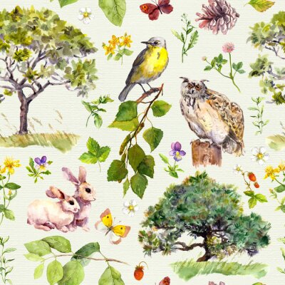 Wald und Park: Vogel, Kaninchen Tier, Baum, Blätter, Blumen, Gras. Nahtlose Muster. Aquarell