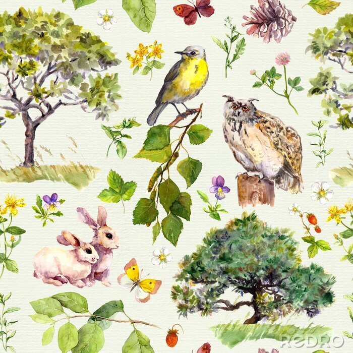 Fototapete Wald und Park: Vogel, Kaninchen Tier, Baum, Blätter, Blumen, Gras. Nahtlose Muster. Aquarell