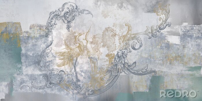 Fototapete Wall mural, wallpaper, in the style of classic, baroque, modern, rococo. Wall mural with birds and concrete grunge background. Light, delicate photo wallpaper design.