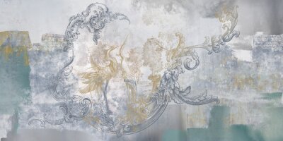 Fototapete Wall mural, wallpaper, in the style of classic, baroque, modern, rococo. Wall mural with birds and concrete grunge background. Light, delicate photo wallpaper design.