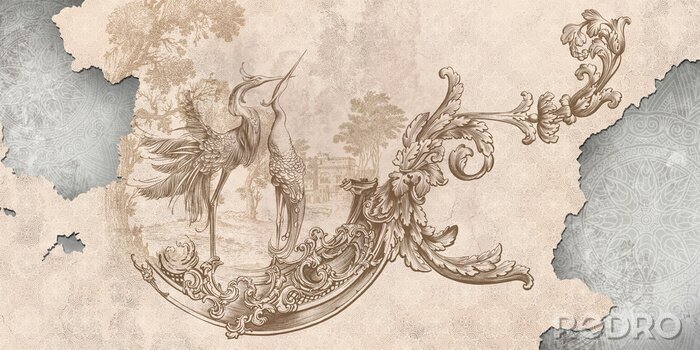 Fototapete Wall mural, wallpaper, in the style of classic, baroque, modern, rococo. Wall mural with birds and patterned background. Light, delicate photo wallpaper design.