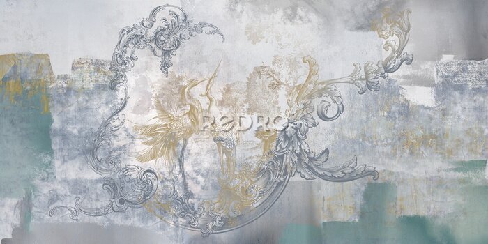 Fototapete Wall mural, wallpaper, in the style of loft, classic, baroque, modern, rococo. Wall mural with graphic birds and patterns on concrete grunge background. Light, delicate photo wallpaper design.