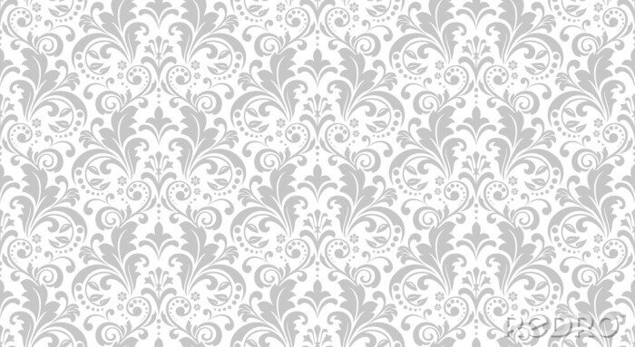 Fototapete Wallpaper in the style of Baroque. Seamless vector background. White and grey floral ornament. Graphic pattern for fabric, wallpaper, packaging. Ornate Damask flower ornament.