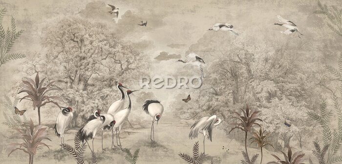 Fototapete Wallpaper Jungle Tropical Forest Palm tree Birds Vintage Painting old