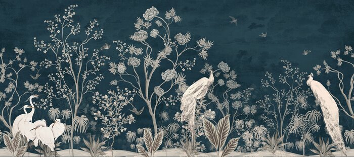 Fototapete Wallpaper Jungle Tropical Forest Palm tree  Painting of white and blue mod