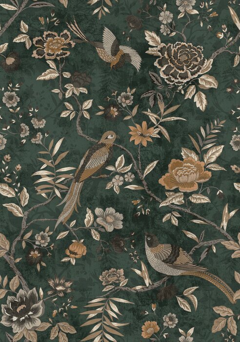 Fototapete Wallpaper pattern tropical Forest trees  Birds Vintage green background