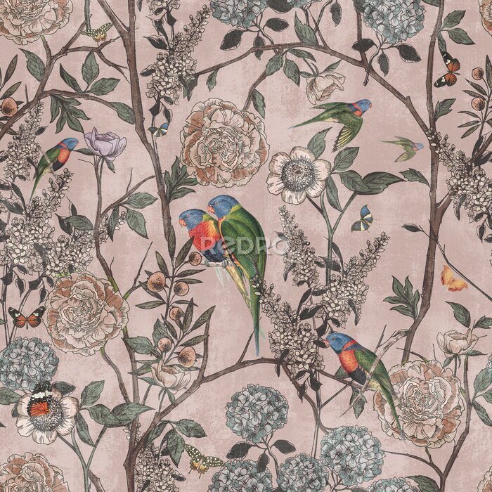 Fototapete Wallpaper pattern Vintage flowers rose leaves and parrot butterflies colors with pink background .