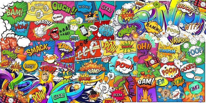 Fototapete Wallpaper, photowallpaper, mural, card, postcard design in pin-up style for a children's or teenagers. A wall of bright, colorful drawn comics and graffiti.