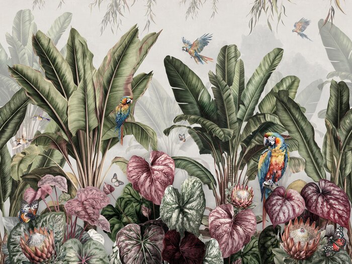 Fototapete Wallpaper Prints - Tropical Banana Palms In Landscape With Macaws And Butterflies Painted Vintage Style With white Background