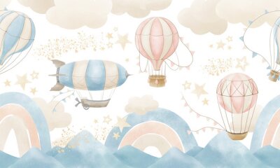 Fototapete Wallpaper with Hot Air Balloons. Seamless wall paper for baby room. Pattern with clouds, rainbow and mountains for childish design. Blue and beige pastel colors