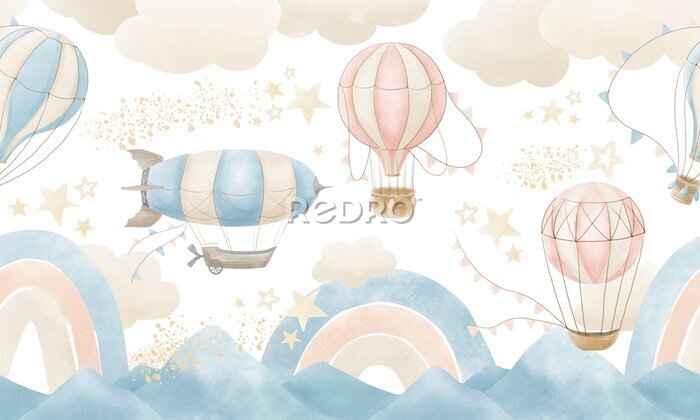 Fototapete Wallpaper with Hot Air Balloons. Seamless wall paper for baby room. Pattern with clouds, rainbow and mountains for childish design. Blue and beige pastel colors