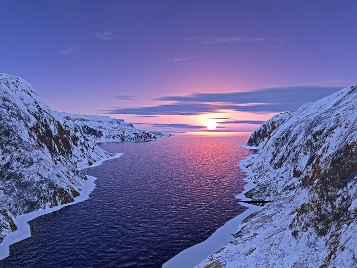 Fototapete Wasser umgeben von schneebedeckten Hängen