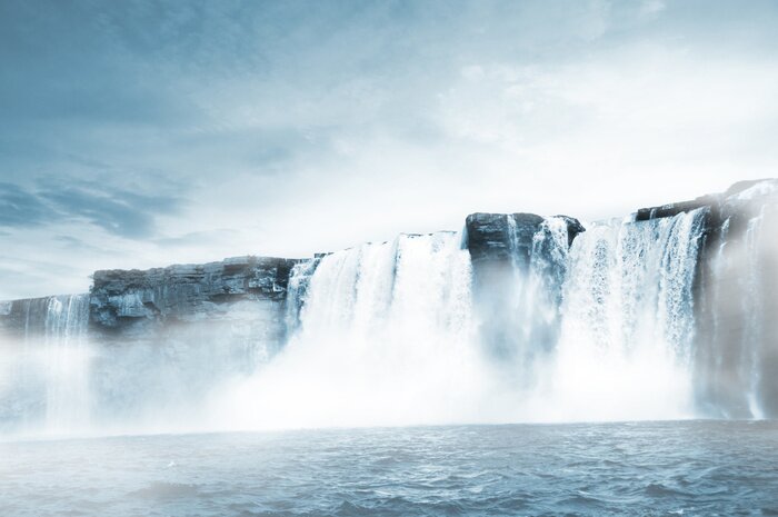 Fototapete Wasserfall und dunkle Wolken