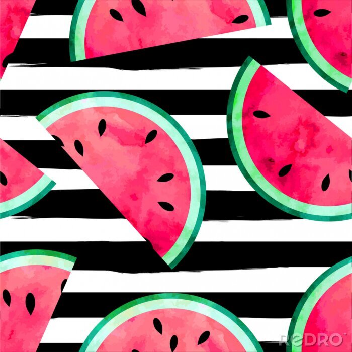 Fototapete Wassermelonenhälften auf schwarzen Streifen