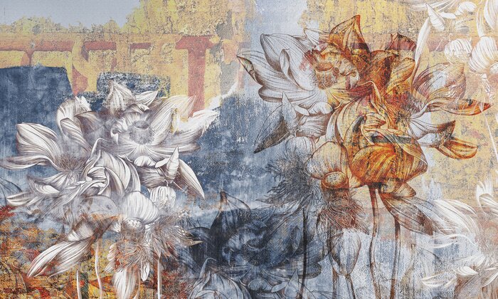 Fototapete Water lilies, pitchers. Graphic flowers painted on concrete grunge wall. Stunningly beautiful, vintage, modern mural, wallpaper, photo wallpaper, cover, postcard.