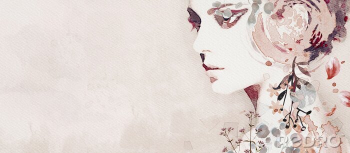 Fototapete Watercolor abstract portrait of girl. Fashion background.