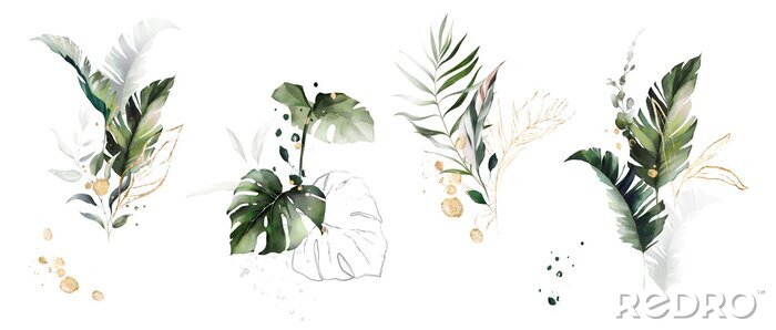 Fototapete  watercolor and gold leaves. herbal illustration. Botanic tropic composition.  Exotic modern design
