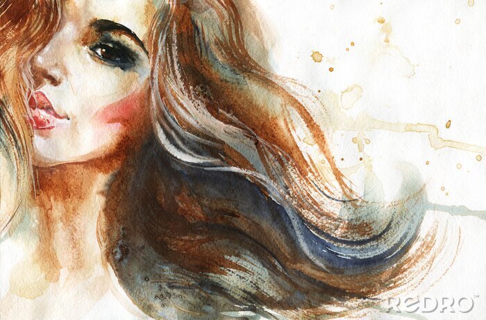 Fototapete Watercolor beauty young woman. Hand drawn portrait of girl. Painting fashion illustration on white background