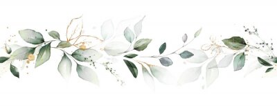 Sticker watercolor botanic, Leaf and buds. Seamless herbal composition for wedding or greeting card. Spring Border with leaves eucalyptus