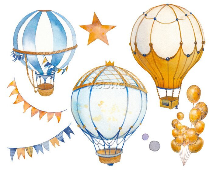 Fototapete Watercolor carnival set. Hand painted clip art with party elements isolated on white background. Hot air balloons, bunting, stars.