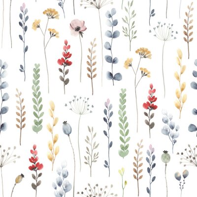 Watercolor floral seamless pattern with colorful wildflowers, leaves and plants. Illustration on white background in vintage style.