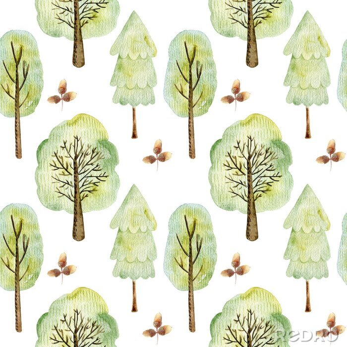 Fototapete Watercolor forest pattern.