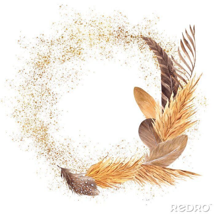 Fototapete Watercolor frame with graphic element, palm leaves, flowers, feathers, pampas grass, isolated on white background, for wedding card and invitations