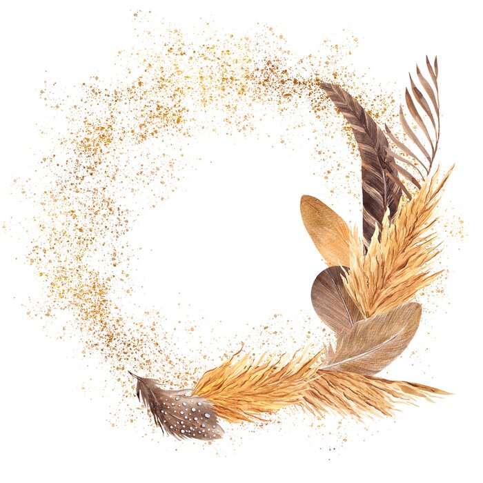 Fototapete Watercolor frame with graphic element, palm leaves, flowers, feathers, pampas grass, isolated on white background, for wedding card and invitations