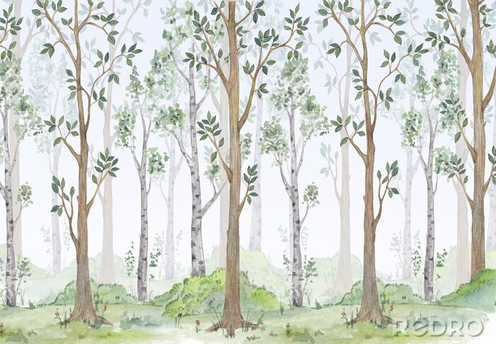 Fototapete Watercolor illustration-Fairy forest. Children's interior Wallpaper.