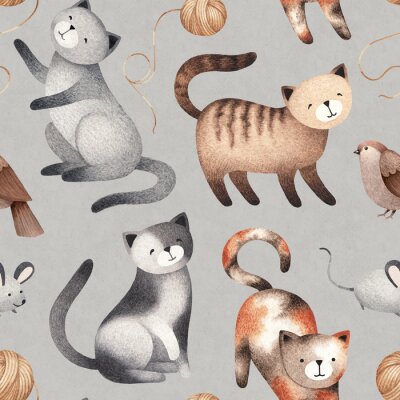 Watercolor illustration of cute cat. Seamless pattern
