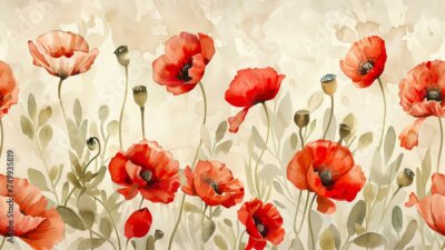 Fototapete Watercolor illustration of red poppies in the field.