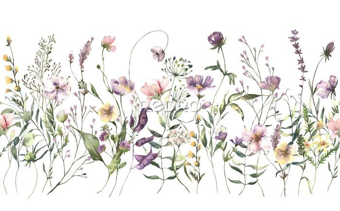 Fototapete Watercolor Midsummer invitations seamless border with hand painted delicate leaves, pink flowers. Romantic floral frames perfect for wedding greeting cards, invitation. High quality illustration