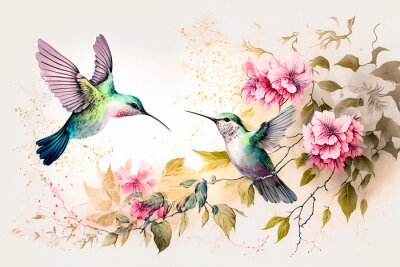 Fototapete Watercolor painting of colibri birds, pink flowers and leaves on white background. Digital printable artwork. Generative ai.