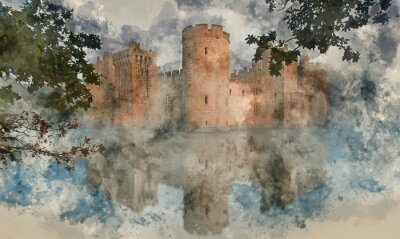 Fototapete Watercolor painting of medieval castle at sunrise landscape