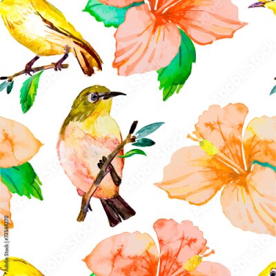 Fototapete Watercolor pattern. Tropical birds and flowers. White-eye bird