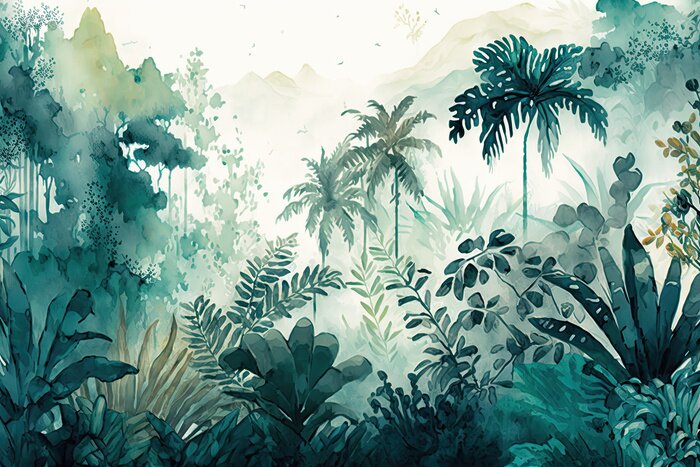 Fototapete Watercolor pattern wallpaper, digital painting of the Amazon forest landscape, generative AI