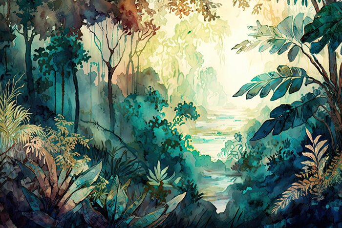 Fototapete Watercolor pattern wallpaper, digital painting of the Amazon forest landscape, generative AI