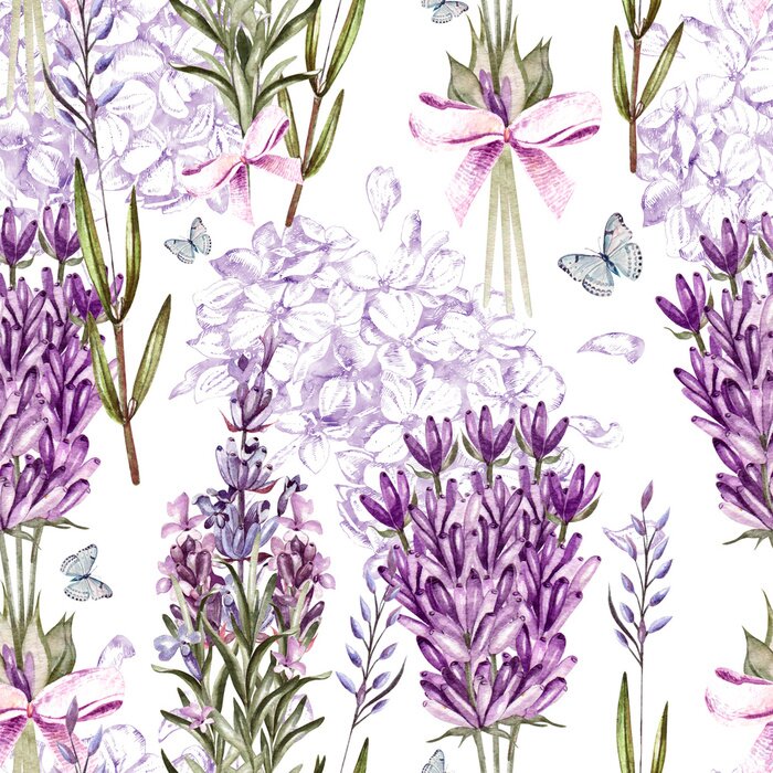 Fototapete Watercolor pattern with Lavender and graphic hudrangea. Hand painting. Seamless pattern for fabric, paper and other printing and web projects. 
