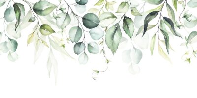 Fototapete Watercolor seamless border - illustration with green leaves and branches, for wedding stationary, greetings, wallpapers, fashion, backgrounds, textures, DIY, wrappers, cards.