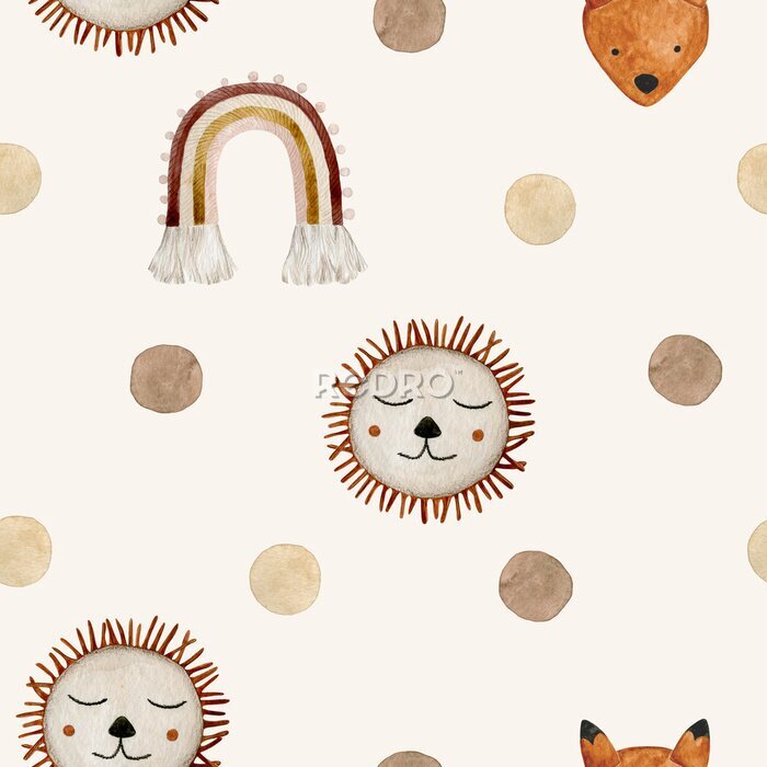 Fototapete Watercolor seamless pattern polka dot brown beige, rainbow and lion. Hand drawn clipart. Perfect for card, tags, invitation, printing, wrapping, children's textile.