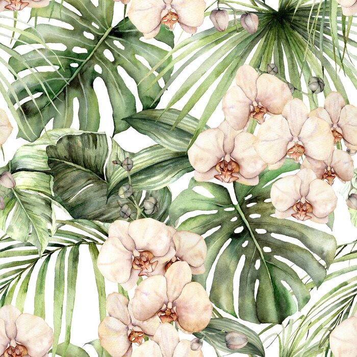 Fototapete Watercolor seamless pattern with jungle palm leaves and orchids. Hand painted exotic flowers and leaves isolated on white background. Floral tropical illustration for design, fabric or background.
